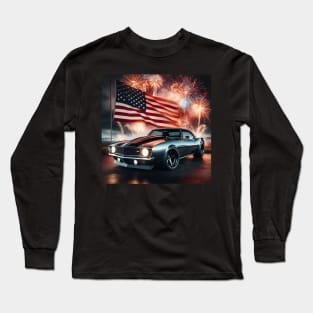 Chevrolet Camaro and The American Flag by Gas Autos Long Sleeve T-Shirt